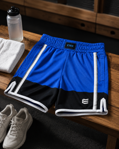Eyrx CoreFlex Blue basketball shorts on locker room bench